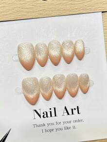 Conjunto de 10 adesivos de unhas acrílicas artesanais em formato de amêndoa, comprimento curto/médio, degradê simples em dourado/laranja, nail art olho de gato dourado brilhante, adesivos de unhas minimalistas e elegantes para o outono, ideais para festas, uso diário, encontros, praia, férias tropicais, unhas DIY, ótimo presente para mulheres e meninas, suprimentos para nail art. - Laranja - Ver 3