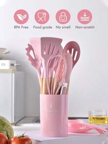 Meoky 12pcs Wooden Handle Silicone Kitchen Utensil Set, Heat Resistant Non-Stick Cooking & Baking Tools, Suitable For Kitchen - Pink - Regular - View 7