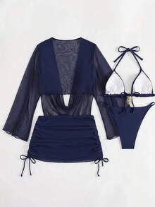 四件套性感纯色比基尼套装，含薄纱罩衫，完美适用于度假、海滩派对，也适合新年和情人节，优雅休闲的夏季女装。 - 藏蓝色 - 查看 2