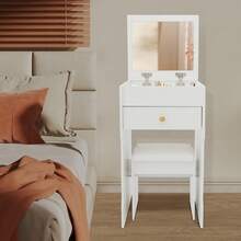 Compact Makeup Vanity Table With Mirror & Stool, 40cm Flip-Up Dressing Table For Bedroom With Storage Compartments, Vanity Table With Mirror For Bedroom, Space-Saving Vanity Desk - Warm White, Black Walnut, White Oak - Warm White - View 2