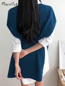 大码女式套头毛衣，休闲舒适V领无袖针织上衣 - 藏蓝色 - 查看 5