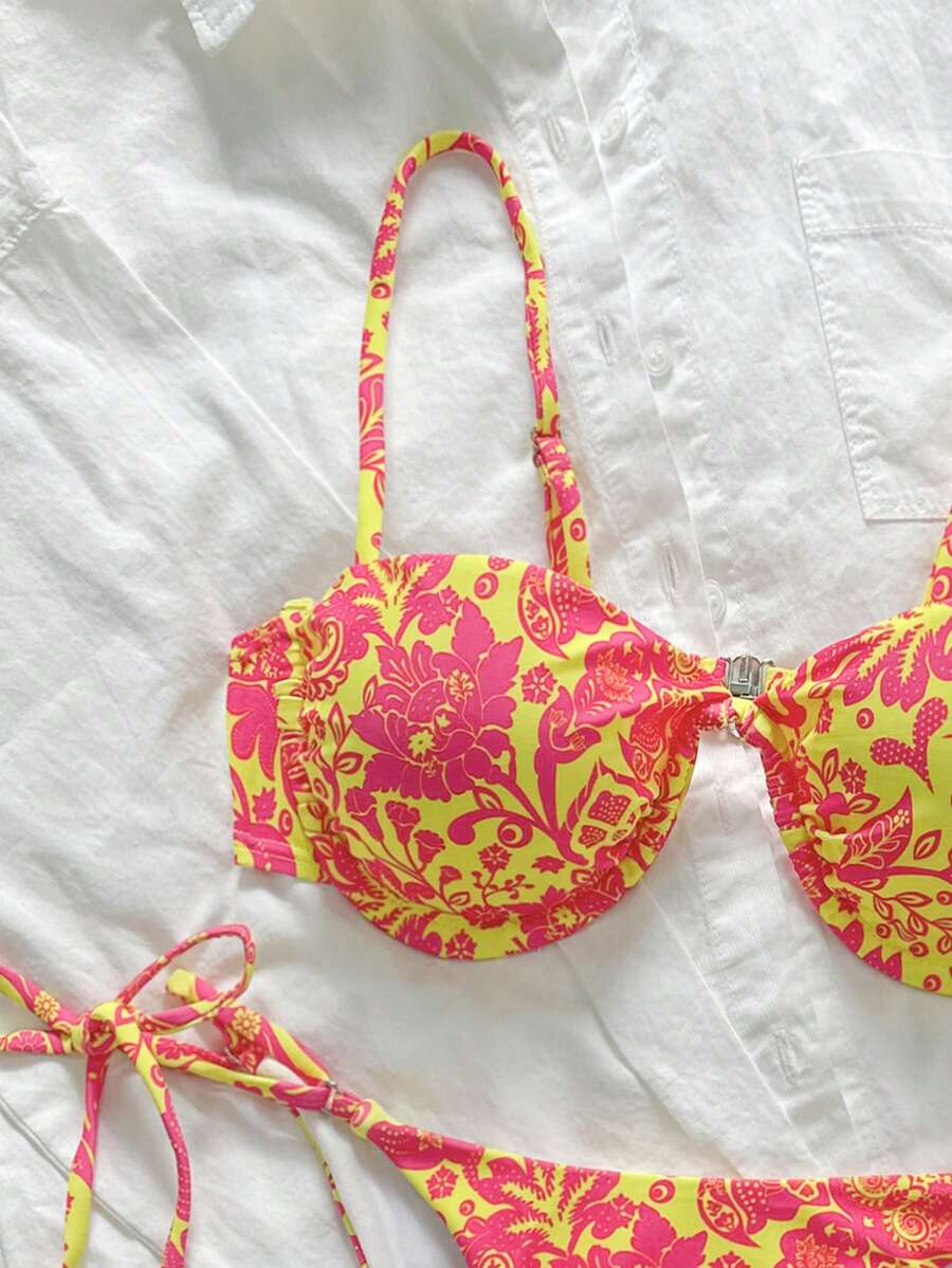 Summer Beach Vacation Printed Underwire Tie-Strap Two Pieces Bikini Swimsuit - Multicolor - View 1
