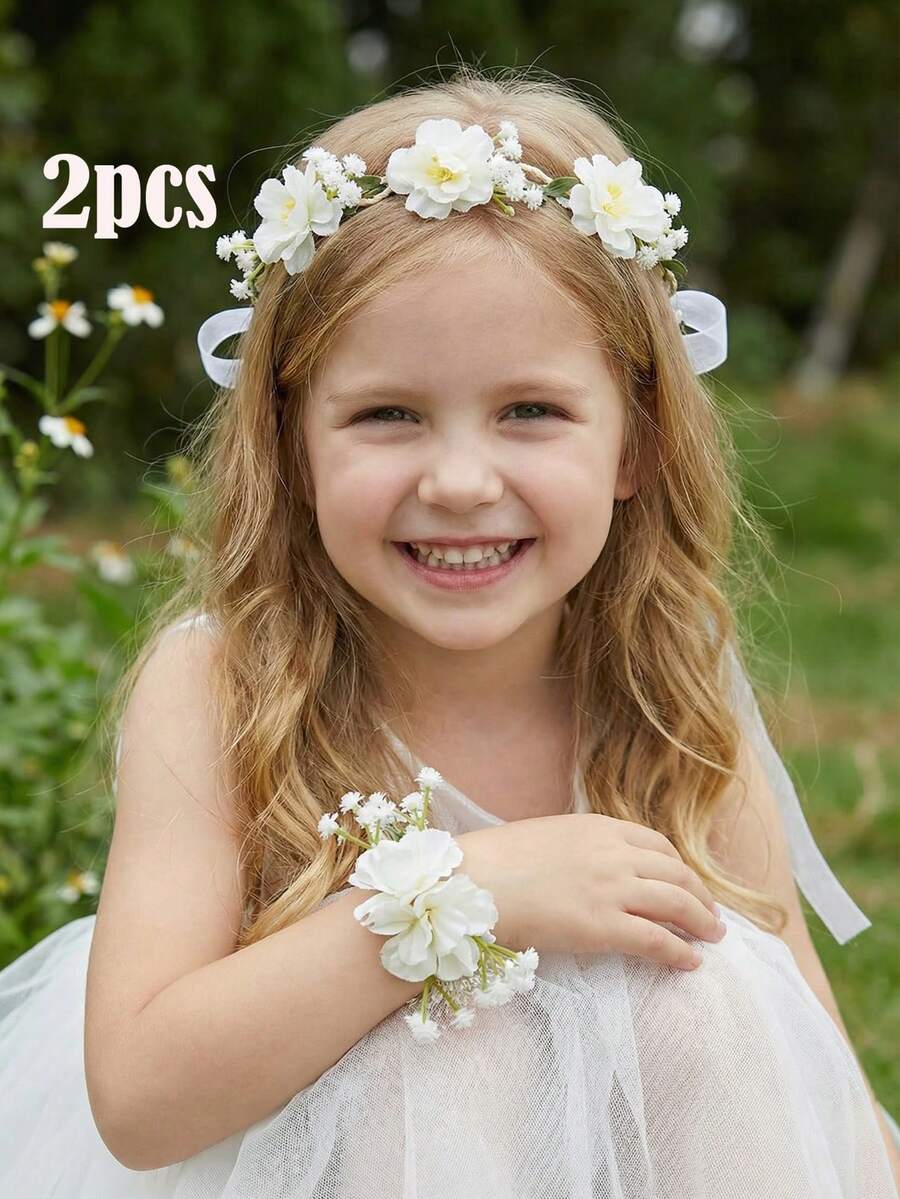 2件套米色网纱玫瑰花冠+花朵手链套装，适合女孩和女士，可用于婚礼、新娘、派对、拍照道具、周年纪念、情人节礼物、亲子装。 - 米色 - 查看 1