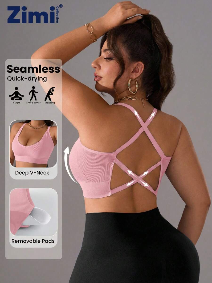 Zimi Collection Plus Size Solid Pink Seamless Ribbed Sexy Backless Crisscross Bra Removable Pad Workout Crop Top Athleisure Ropa Deportiva - Pink - View 1