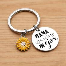 Stainless Steel Mama Keychain With Sunflower Pendant, "Mama Eres La Mejor" Engraved Gift For Mother's Day Birthday Sunflower Mama Keychain, Spanish Engraved "You're The Best Mom" Keyring, Perfect Gift For Mom From Daughter Son - Old Gold - View 3