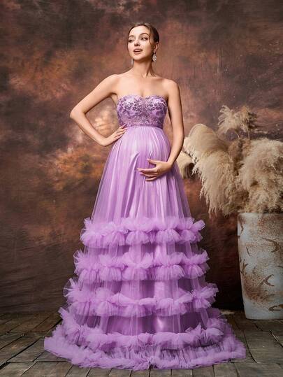 Faeriesty Pregnant Women Elegant Party Sequin Contrast Mesh Strapless Dress