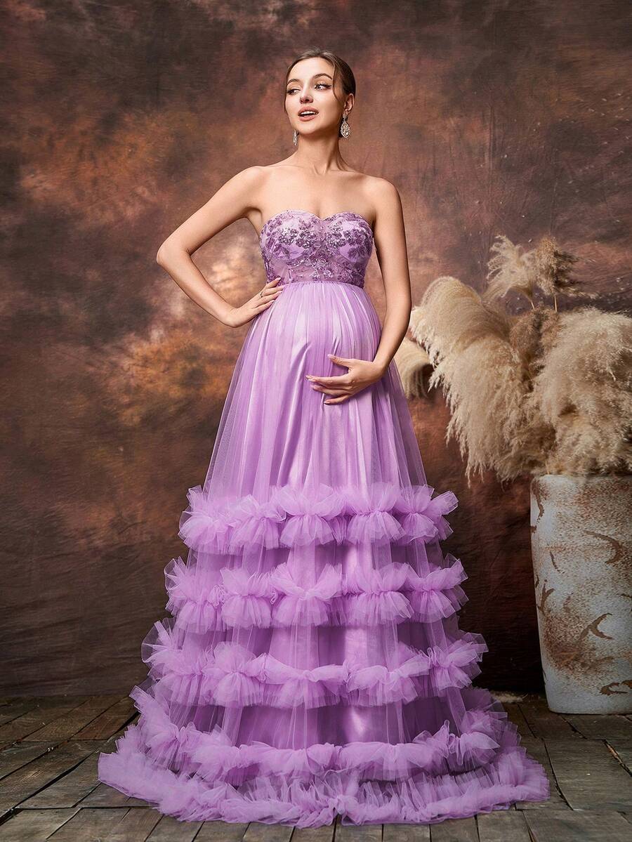 Faeriesty Vestido elegante de fiesta con contraste de malla y lentejuelas para mujeres embarazadas, primavera - Morado - Ver 1