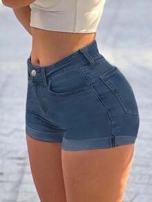Pantalones cortos vaqueros de mujer de corte y ajuste ceñido, de estilo casual y elegante para el verano - Azul lavado oscuro - Ver 2