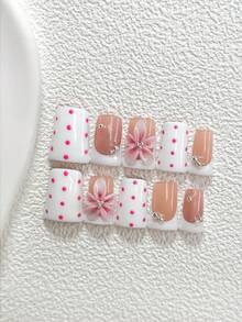 10件套甜美可爱凝胶美甲套装，包含亚克力美甲贴纸、手绘浅粉色波点图案、5瓣渐变粉色花朵美甲装饰、白色指甲油，以及美甲工具（1张果冻贴纸+1个指甲锉）。提供杏仁形、鸭嘴形和棺材形三种甲型，适合日常、派对、拍照、办公等各种场合，是送给女性和女孩的绝佳礼物。 - 彩色 - 查看 2