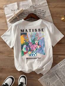 Ladies New Round Neck Short Sleeve Summer T-Shirt, Casual Painting Pattern Print, With Artistic Beauty And Gentle Temperament, Comfortable Summer Tops, Suitable For Daily Casual Wear, Women's Graphic T-Shirt, Women's Summer Clothing - White - View 5