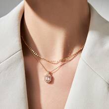 Nooxian 2件套多层镀金时尚设计微镶嵌立方氧化锆吊坠铜珠链项链套装，女士珠宝 - 金黃色 - 查看 7