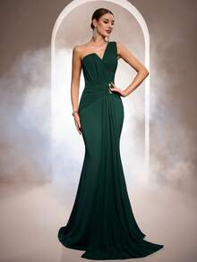 Women's Solid Color Asymmetric Neckline Backless Bodycon Elegant Sleeveless Dress Party Spring Wedding - Dark Green - View 4