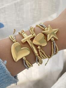 1pc Valentine's Day Creative Fashion Elegant Exquisite Gorgeous Light Luxury Copper Heart Pentagram Cross Multi-Layer Beaded Mixed-Color Braided Bracelet For Women Sisters Couples Delicate Jewelry Gift, Suitable For Summer Daily Dates Parties Holidays Gifting Vacation Wear Adjustable Size Wristband - Gold - View 1