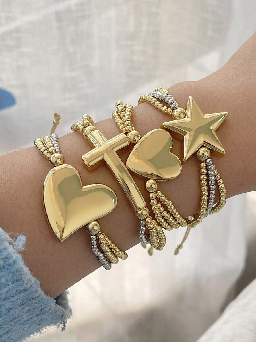 1pc Valentine's Day Creative Fashion Elegant Exquisite Gorgeous Light Luxury Copper Heart Pentagram Cross Multi-Layer Beaded Mixed-Color Braided Bracelet For Women Sisters Couples Delicate Jewelry Gift, Suitable For Summer Daily Dates Parties Holidays Gifting Vacation Wear Adjustable Size Wristband - Gold - View 1