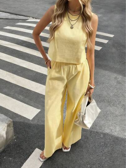 Women's Fashion Commuter Round Neck Solid Color Sleeveless Tank Top With Elastic Waist Pockets And Loose Pants Set Summer