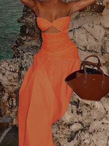 Vestido de vacaciones elegante de línea A sin tirantes y calado, casual y sexy para primavera/verano - Naranja Quemada - Ver 5