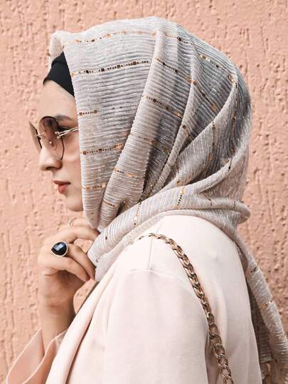 1pc Women's Spring Sequin Mesh Decorated Headscarf, Festival Celebration Headwrap Veil Hijab