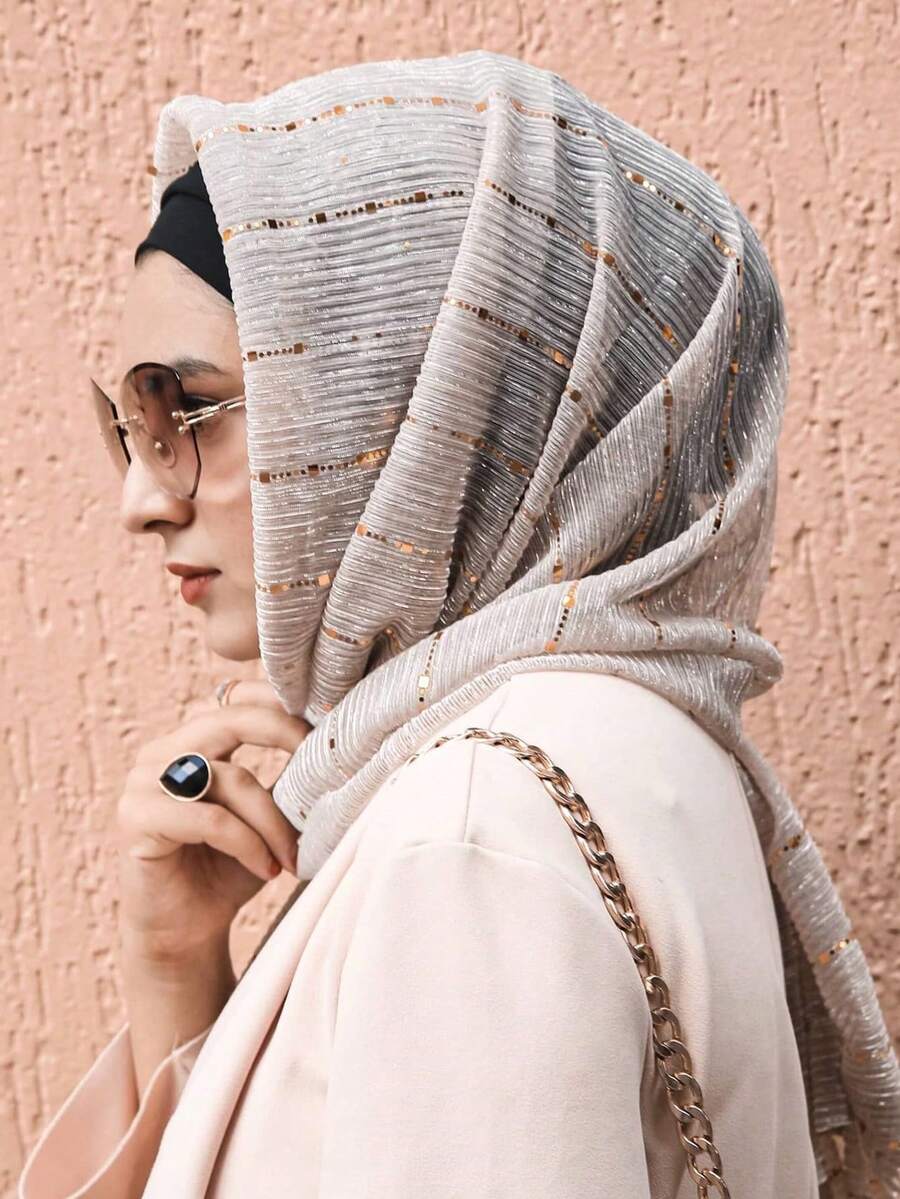 1件装女士春季亮片网纱装饰头巾，节日庆典头巾面纱头巾，沙滩，假日 - 白金 - 查看 1