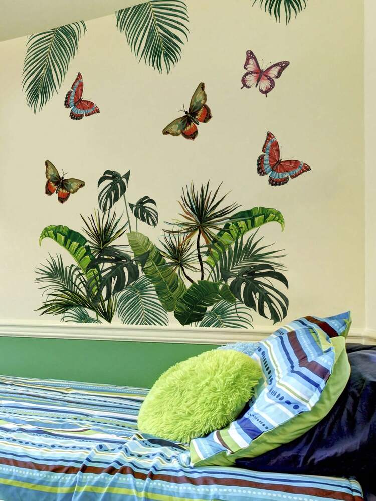 1片大型热带棕榈叶墙贴，绿色植物墙贴，蝴蝶图案可移除艺术装饰，适用于客厅、卧室、办公室、电视背景墙 - 1PC - 查看 2