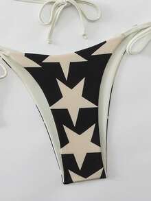 Sexy Black Star Print Bikini 2 Pieces Set, Adjustable Triangle Top + Tie-Up Bottoms, Essential Summer Beach Vacation Swimwear - Black and White - View 8