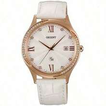 Orient Luxury Rose Gold Crystal Edged Women's Watch, Elegant White Leather Strap, With Date And Roman Numerals - White - View 3