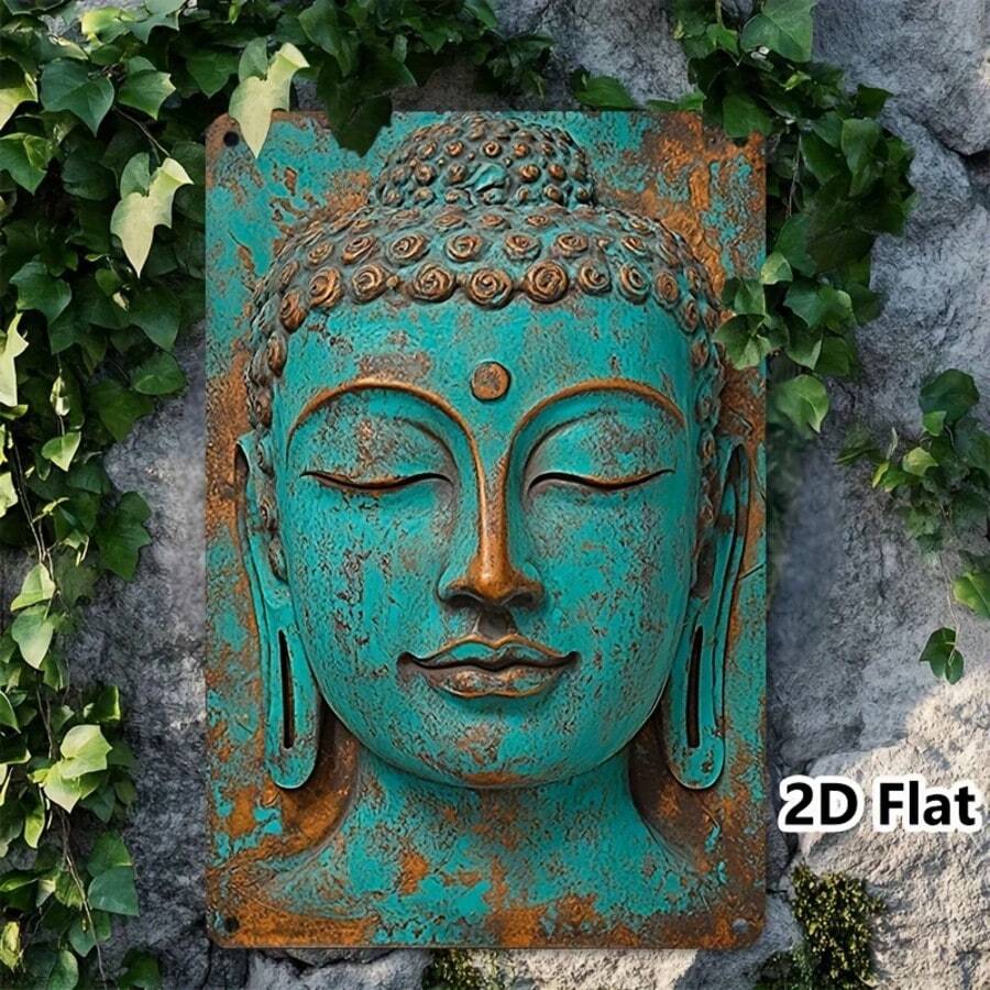 2D平面复古铁板佛像，预钻孔铁艺金属标牌，墙面装饰，适用于家居、俱乐部、咖啡馆，趣味挂画，8x12英寸/20*30厘米 - 彩色 - 查看 1