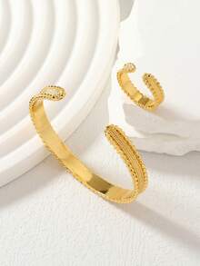 斋月闪亮纹理编织女士首饰套装（2件套），可调节手链和戒指，开斋节/婚礼必备 - 金黃色 - 查看 2