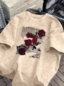1 PcsWomen's Retro Rose And Newspaper Cartoon Letter Pattern Prints On The Street, Korean-Style Comfortable Retro Fashion Commuting Versatile Y2k Women's Clothing, Regular Niche Punk Style Black Fitted Round-Neck Short-Sleeved Washed T-Shirt, Washed Retro Series Comfortable Pure Cotton T-Shirt, Easily Create Retro Casual Wear, Suitable For Daily Commuting, Leisure Outings, Daily Outfits, Classic Retro Style Women's Clothing - 杏色 - 查看 11