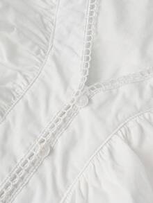 白色春季荷叶边V领长袖衬衫，腰部收紧，不对称蕾丝饰边 - 白色 - 查看 8