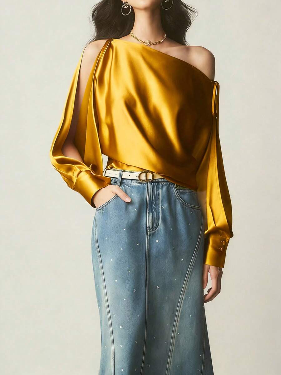 Women's Elegant Asymmetric Collar Open Slit Sleeve Draped Knot Design Satin Blouse Spring - Rust Brown - View 1