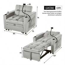 3-In-1 Extendable Sofa Bed – With Cup Holder And Phone Stand, Sofa Bed, Convertible Armchair, Ideal For Small Spaces, 83 X 167 X 76 Cm - Antique Gray-white - View 10