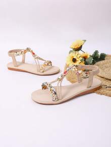 Sandalias planas de verano para mujer con puntera redonda, hechas a mano con cuentas, de estilo bohemio, de moda versátil y cómodas para vacaciones - Beis - Ver 3