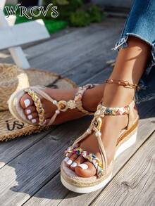 WRCVS 米色女士凉鞋，编织带凉鞋，夏季厚底厚底凉鞋，手工串珠编织，随机图案，轻便度假凉鞋，波西米亚风增高户外凉鞋 - 米色 - 查看 2