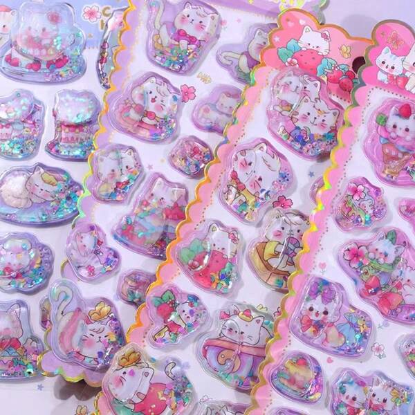 Cute Cat Shaking Water Sticker Cartoon Sticker, Girls & Kids DIY Decoration 3D Liquid Glitter Reward Sticker