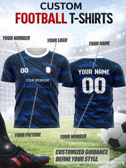 Plus Size Men's Customizable Football T-Shirt, Personalized With Name, Number, Logo, Team Badge Or Sponsor, French Style Crew Neck, Quick-Dry Breathable Material, Suitable For Team Matches, Training, Sports, Casual Wear, Cheering, Gifts For Spring/Summer Sports Season