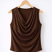 Sleeveless Blouse With A Draped Neckline, Loose Fit, No Padding, In Supplex Fabric, Elegant, Casual, And Social Style. - 鏽棕色 - 查看 1