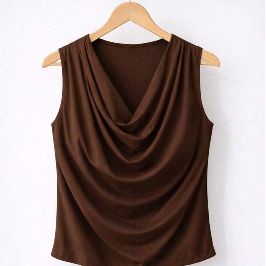 Sleeveless Blouse With A Draped Neckline, Loose Fit, No Padding, In Supplex Fabric, Elegant, Casual, And Social Style. - 鏽棕色 - 查看 1
