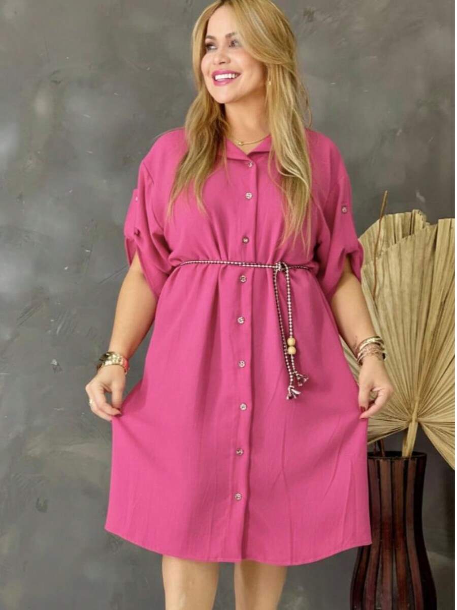 Midi Shirt Dress With Belt, Polo Collar And Lapel On The Sleeve - 玫紅色 - 查看 1