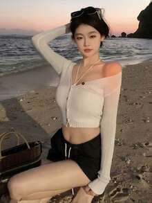 New Textured V-Neck Cropped Cardigan, Sleeveless Camisole Top, Lightweight Sun Protection Set For Spring/Summer - Milky White - View 5