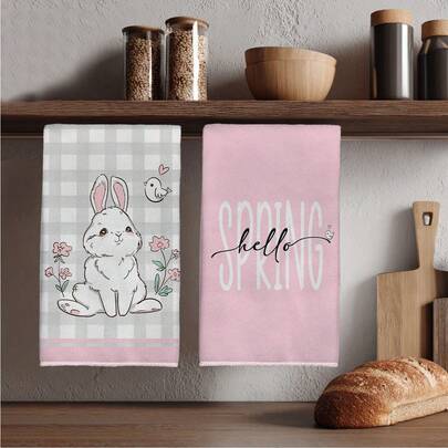 MEMNUN 2pcs Easter Pink Plaid Bunny & Floral Print Kitchen Towels, 15.75*23.62in (40*60cm) Super Absorbent Microfiber Hand Towels, Dish Cloths, "Hello Spring" Warm Quote Home Kitchen Dining Room Decor, All Season