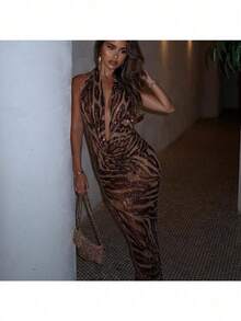 Hot  New Sleeveless Neck Deep V Leopard Print Spice Girl High Waist Slim Hip Wrap Dress Temperament Evening Dress - Mocha Brown - View 2