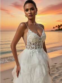 2026新款吊带深V领蕾丝薄纱婚纱，适合婚礼、派对、情人节活动、鸡尾酒会、宴会和其他场合。 - 白色 - 查看 12