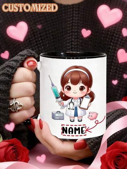 1 pieza Taza de café personalizada de 11 onzas "Lindo médico enfermera inyección" - Nombre personalizable, diseño médico divertido, 7 opciones de color, taza de cerámica doble cara, apta para lavavajillas y microondas