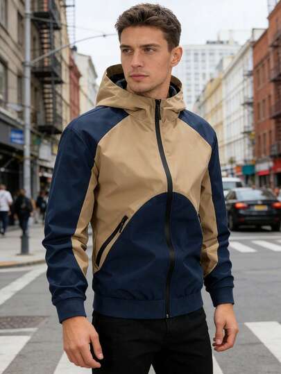 Men's Spring Summer Color Block Hooded Jacket | Zip Up Casual Windbreaker For Sports, Street, Daily, Commute & Outdoor