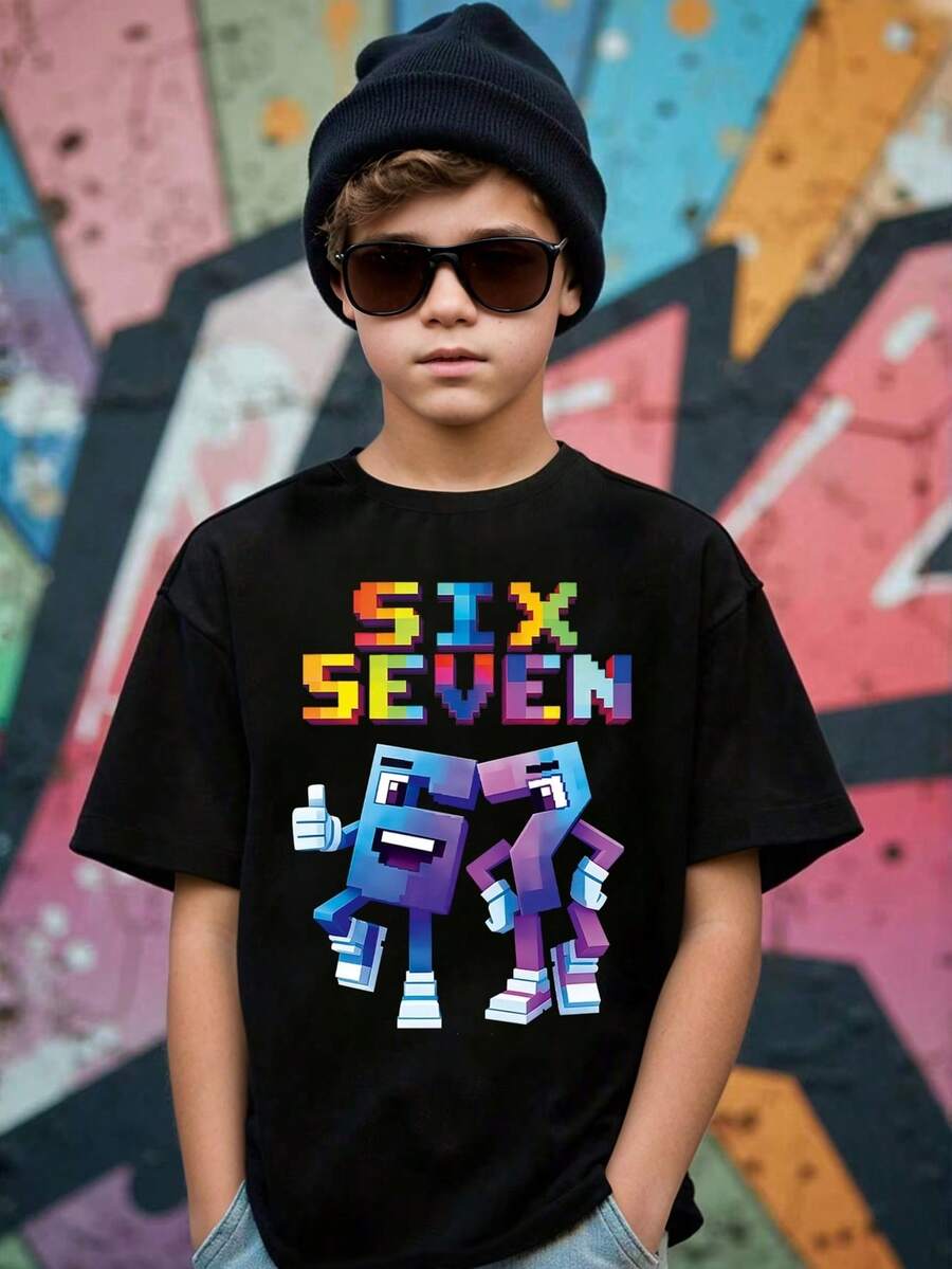 青少年男孩卡通图案印花圆领休闲短袖T恤 - 黑色 - 查看 1