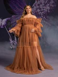Faeriesty Elegant Maternity Plus Size Soft Brown Off-Shoulder Bell Sleeve Maxi Party Gown | Sheer Mesh & Tulle Fabric, Ruffle Detailing At Neckline Spring - Rust Brown - View 6