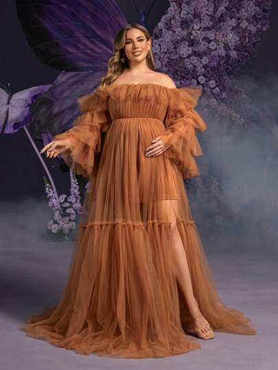 Faeriesty Elegant Maternity Plus Size Soft Brown Off-Shoulder Bell Sleeve Maxi Party Gown | Sheer Mesh & Tulle Fabric, Ruffle Detailing At Neckline