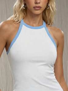 Faeriesty Women's White Sleeveless Stretch Ribbed Camisole With Y-Shaped Neckline Sky Blue Trim – Chic Casual Vacation Style Ideal For Summer Outings, Beach Vacations, Casual Gatherings, City Walks - White - View 4