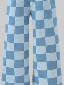 Tween GirlsCheckered Print Loose Straight Leg Jeans, Casual Pants, Spring/Summer - Blue - View 5