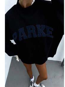 2026 LC Unisex Casual PARKE Letter Print Loose Pullover Sweatshirt, Encountering Lazy Fashion. Casual Daily Wear,Winter Clothes Women,Clothes,Hoodie,Tops,Spring Break,Long Sleeve Tops WomenCasual Daily Wear,-Shirt,Retro-Shirt,Clothing Autumn And Winter,Male And Female Neutral Short Sleeves,Clothes Plus Size,Sweatshirt,Clothes Women,Tops,New Year's Clothing,Womens Tops,Spring,Summer Tops Women,Spring Clothes,Vacation Outfits Women,Valentines Gifts,Summer Outfits - Black - View 1